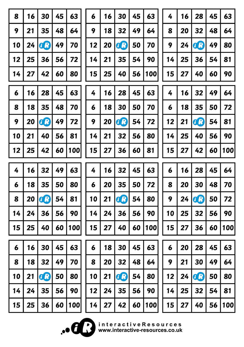 Times Tables Bingo Cards