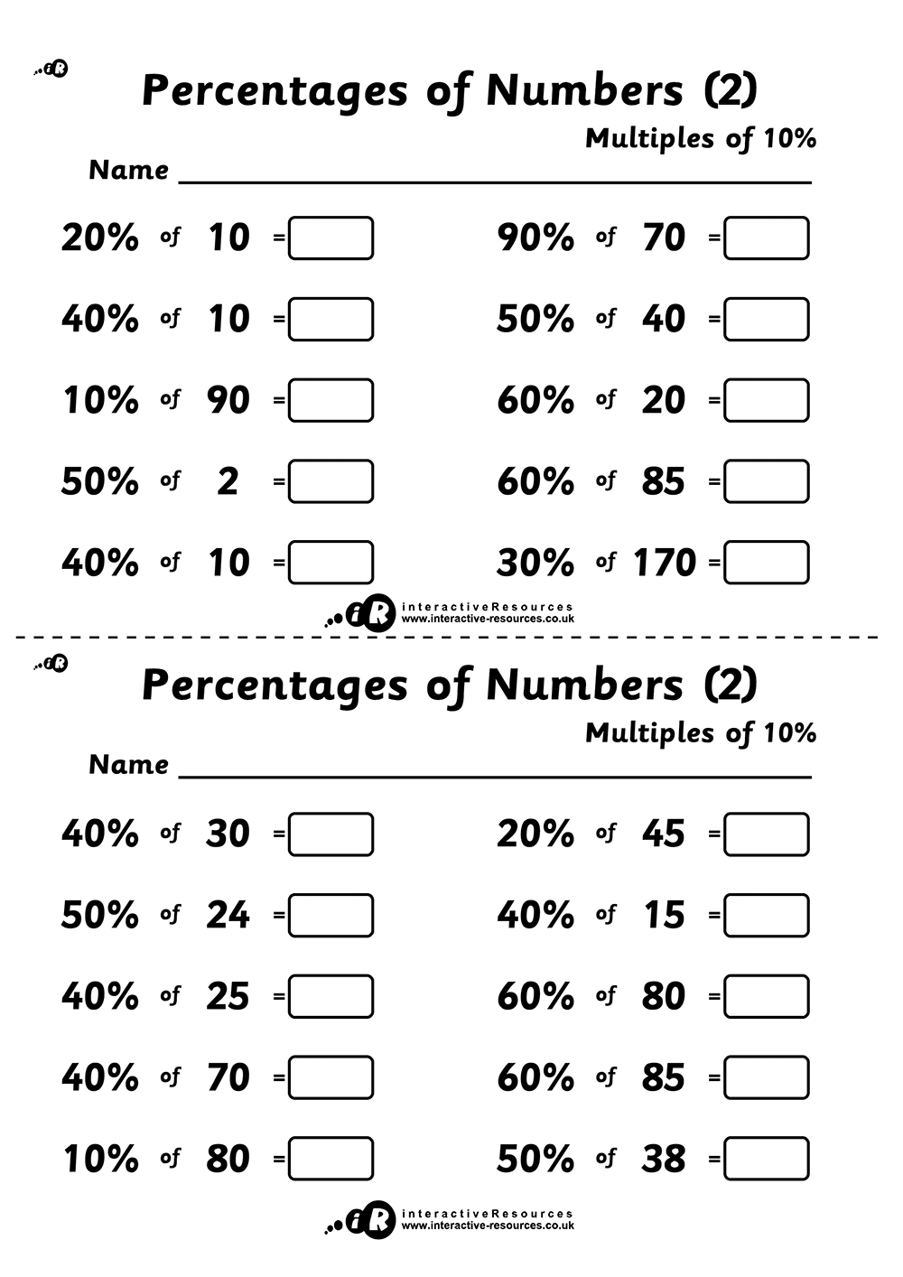 Percentages of Numbers
